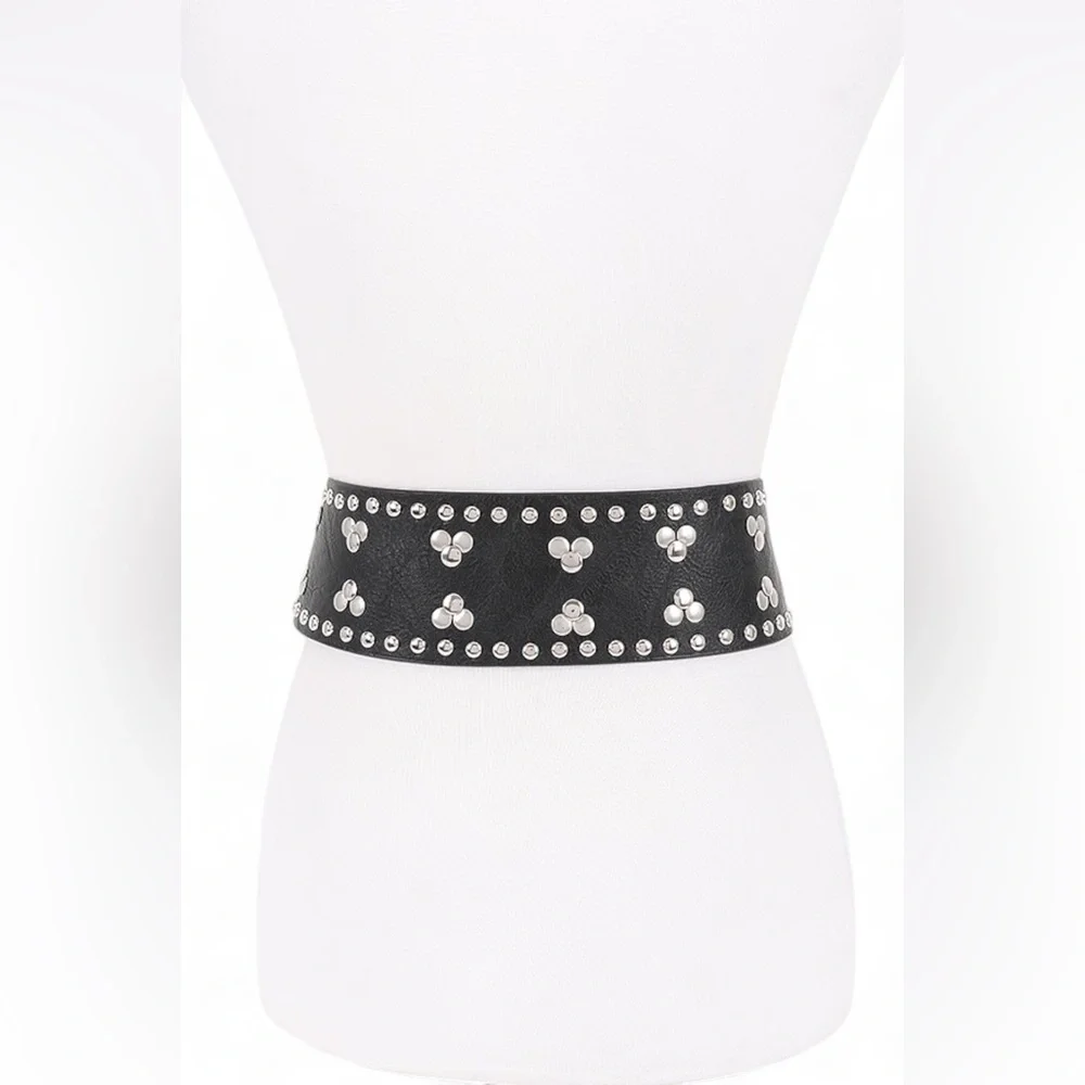 Vegan Leather Studded Statement Belt - Black, Brown, White